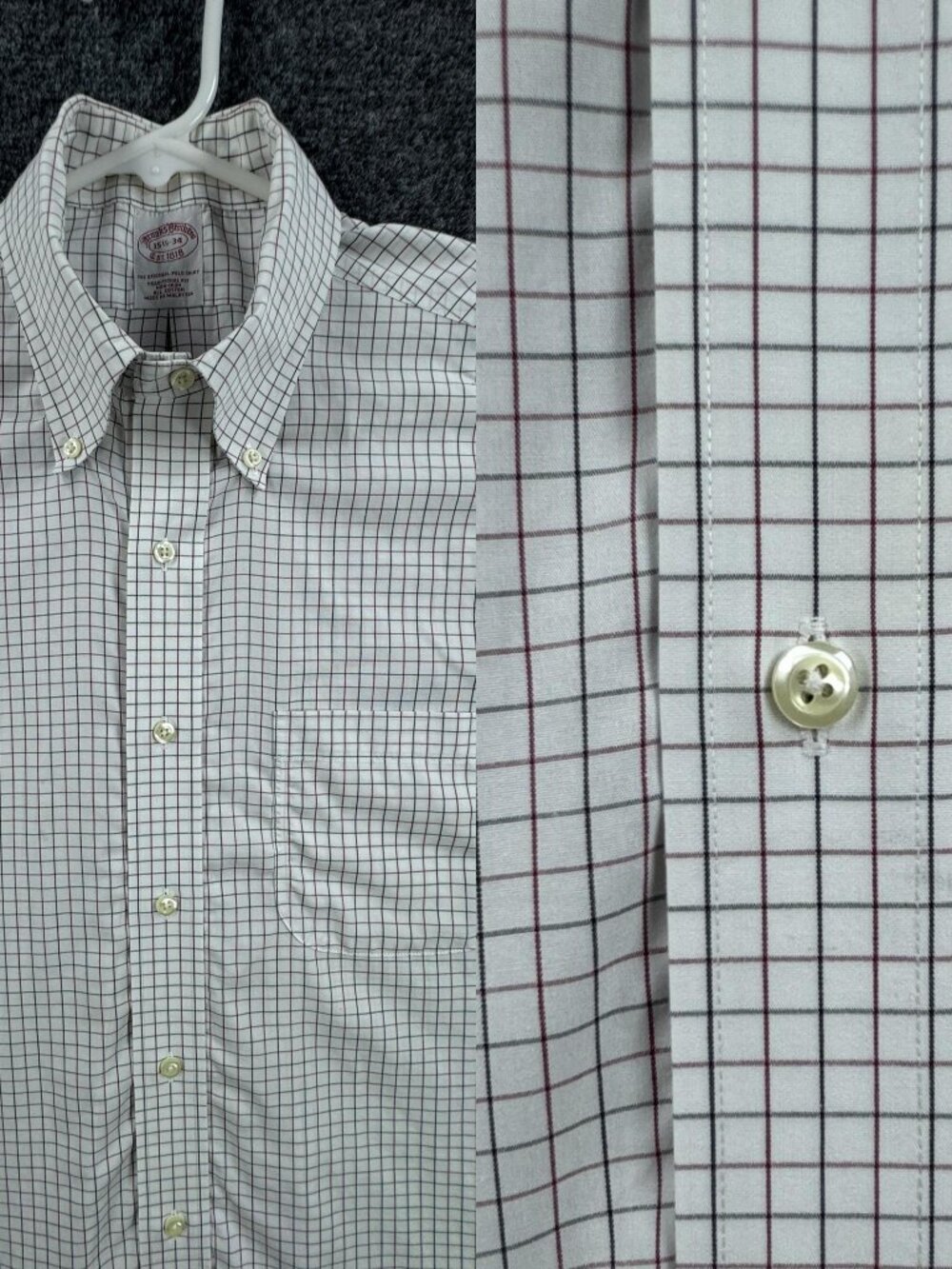 Brooks Brothers Check Button-Down Mens Non-Iron Cotton White Red Traditional